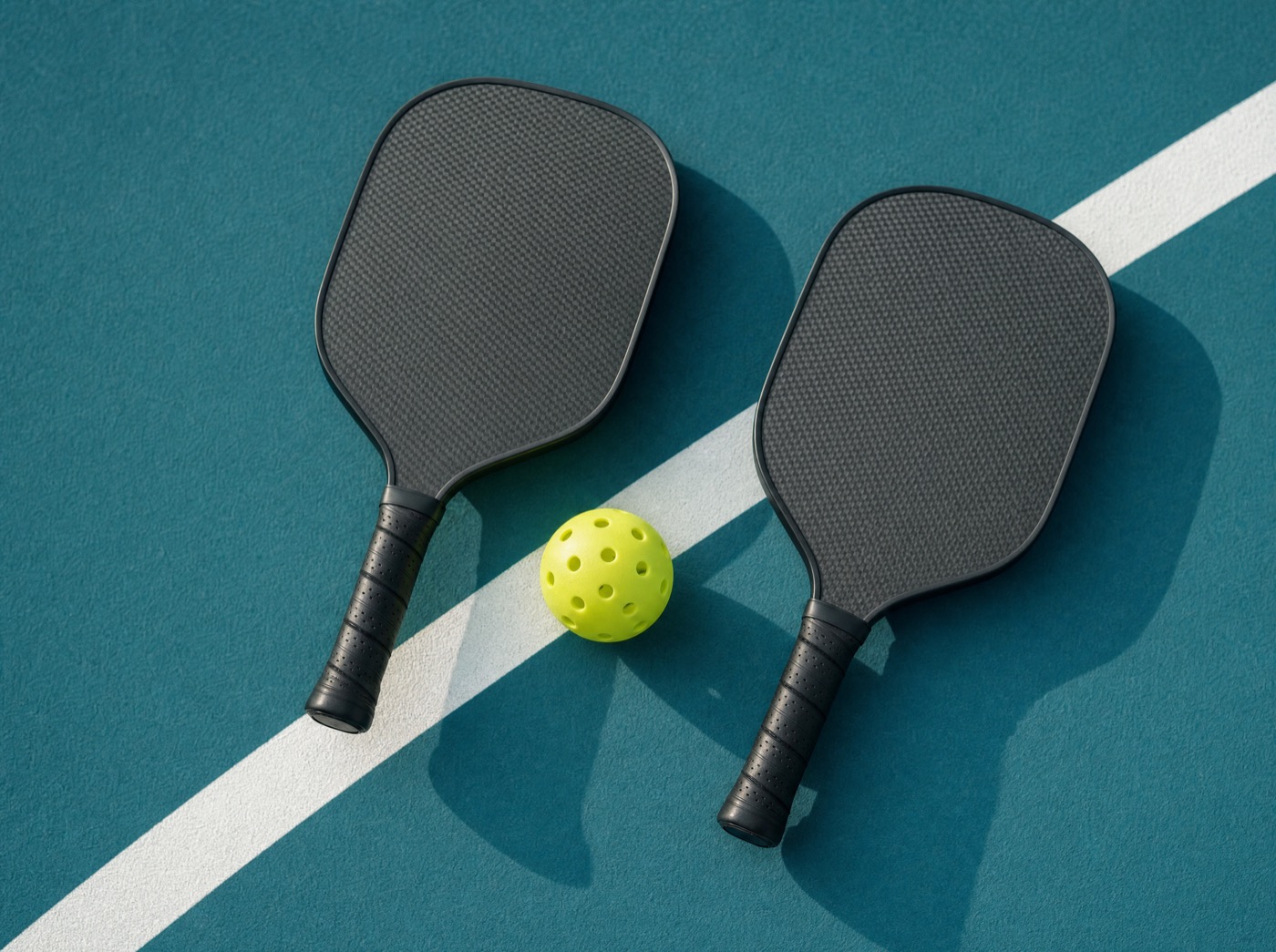Two paddles and a ball on a teal court.
