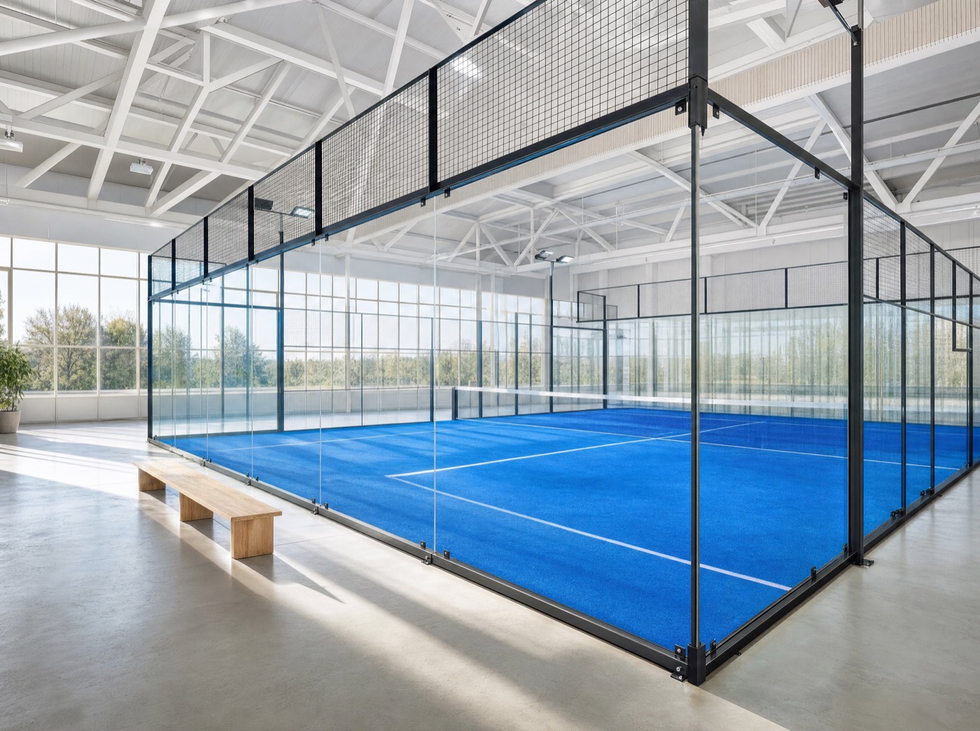 A glass-walled padel bay in daylight.